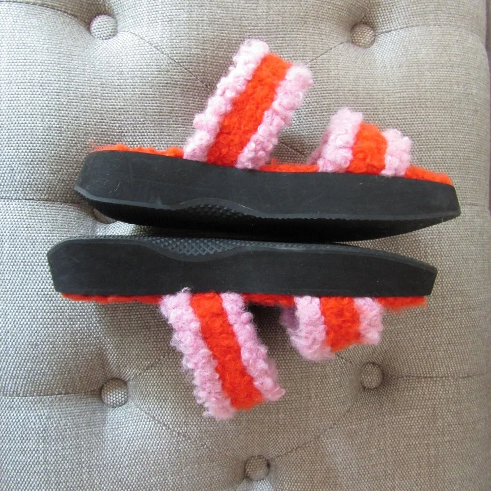 NWOT STAUD Pink and Orange Fuzzy Platform Slide Sandals
